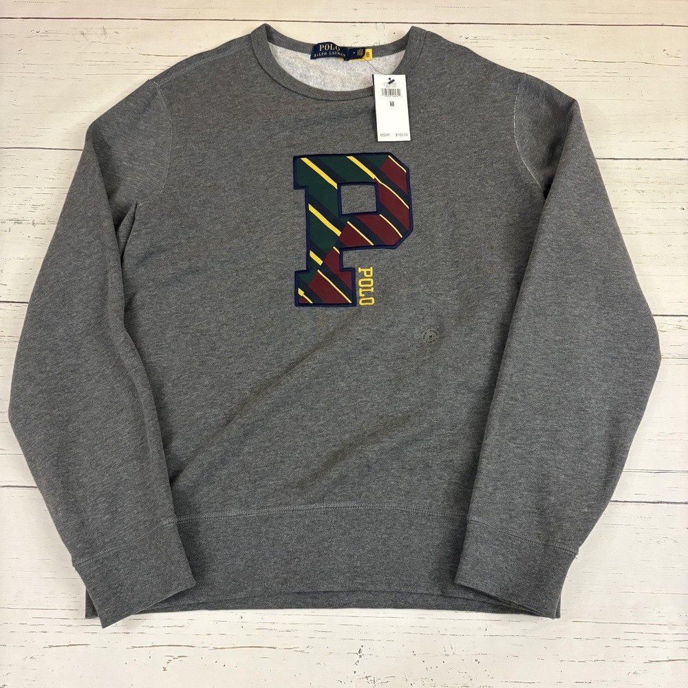 Polo Ralph Lauren Sweatshirt Mens M Gray P Patch Graphic Fleece Crew Neck